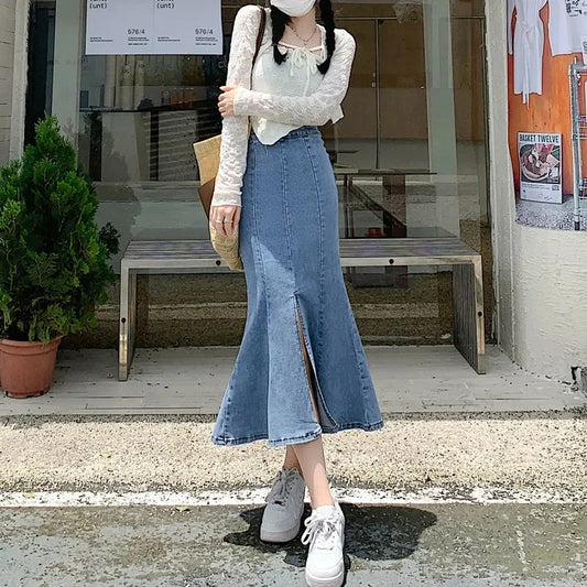 BIYABY Korean Style Bodycon Fishtail Skirts for Women Fashion Denim Split Long Skirt 2022 New High Waisted Ruffles Midi Skirts